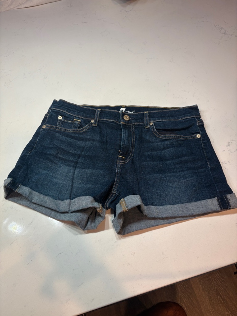 7 For All Mankind Dark Blue Rolled Cuff Denim Shorts